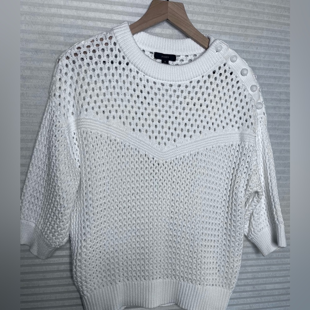 JCrew Women's White Crochet Shoulder Button Elbow length oversized sweater Small